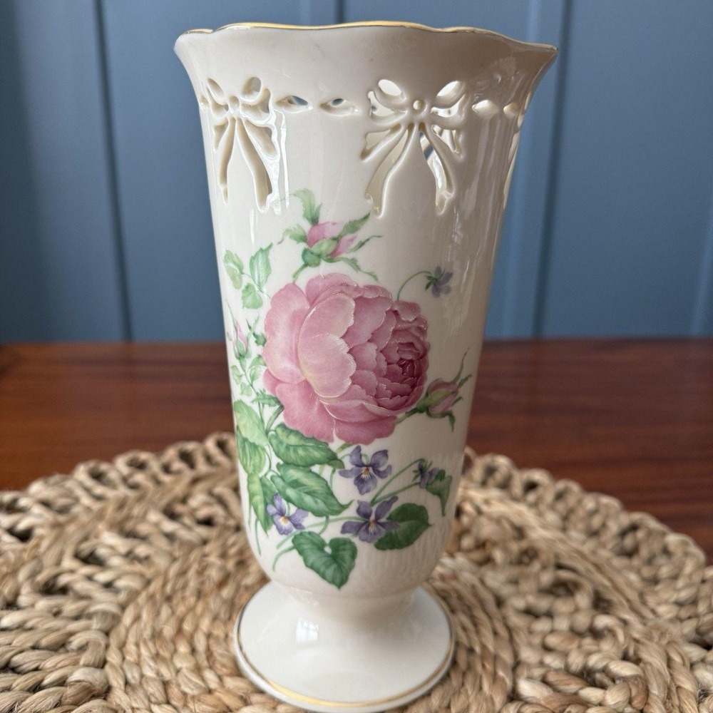 Lenox Victorian Rose Pierced Bows Flower Porcelain Vase 8 1/2"Cottage‎ Core